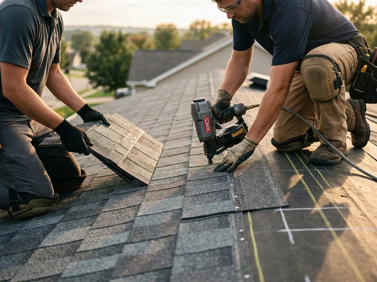 Professional roofer working on a residential roof in Palos Verdes Estates